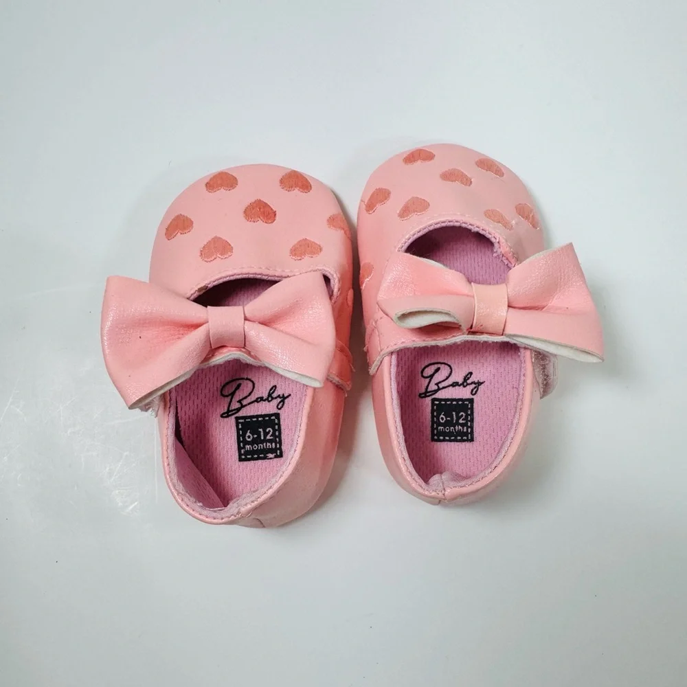 Pink Baby Shoes with Bow & Hearts (Size 6-12 Months)